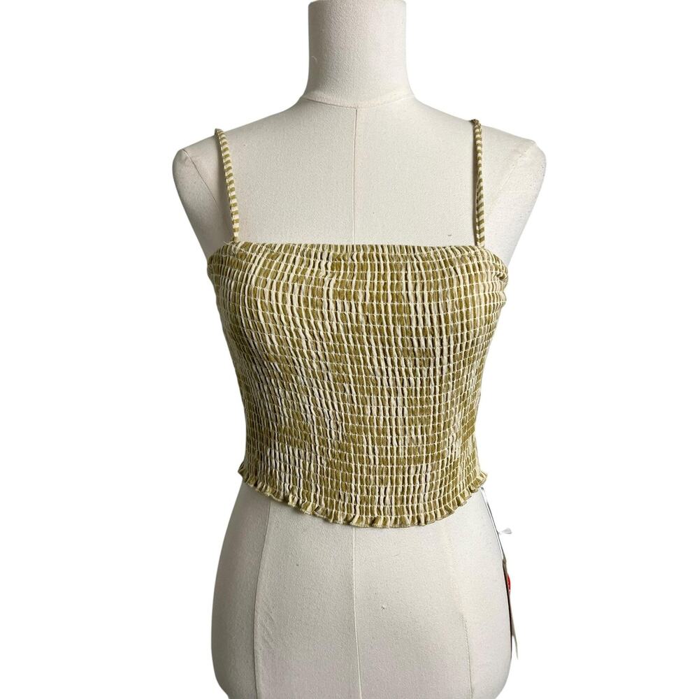 Sisstr Tank Top Womens Small Green Striped Smocked Square Neck Cropped Cami